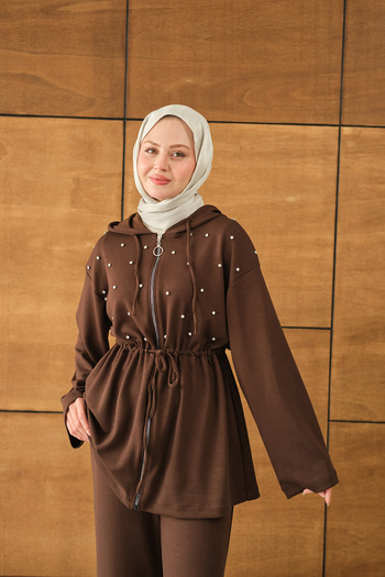 LOCCO Women's Stone Detail Hooded Set Brown
