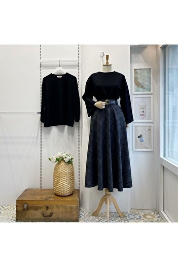 Faya Boutique Gray Plaid Patterned Loom Skirt