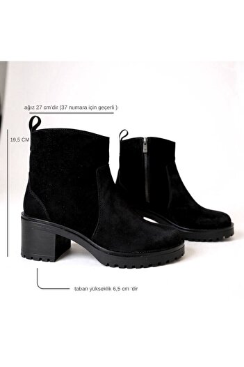 NE&VE SHOES Black Suede Genuine Leather Zippered Women's Thick Heeled Boots