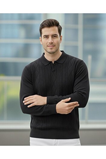 Miron Men's Black Polo Neck Patterned Knit Sweater - 2538