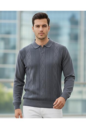 Miron Men's Anthracite Polo Neck Patterned Knit Sweater - 2538