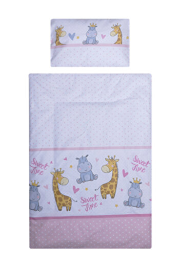 Beberoyal Set de lenjerie de pat din bumbac, 3 piese, pentru saltea 120x60 cm, Hippo & Giraffe Pink (Beberoyal, LJ-03F-114)