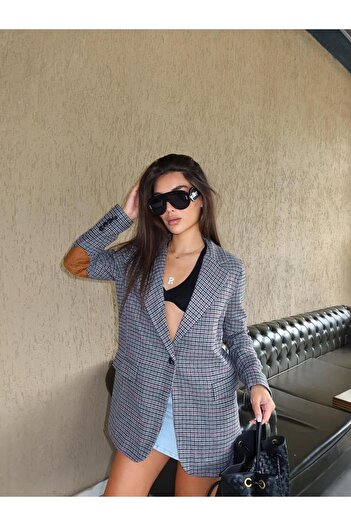 Lavanta Tekstil Gray Lined Single Button Double Breasted Blazer Jacket with Elbow Detail