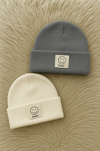 ESES BEBE 2-Pack Smile Smiley Face Stretchy Camisole Beanie Gray Cream