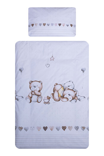 Beberoyal Set de lenjerie de pat din bumbac, 3 piese, pentru saltea 140 x 70 cm, Teddy Bear & Hearts White