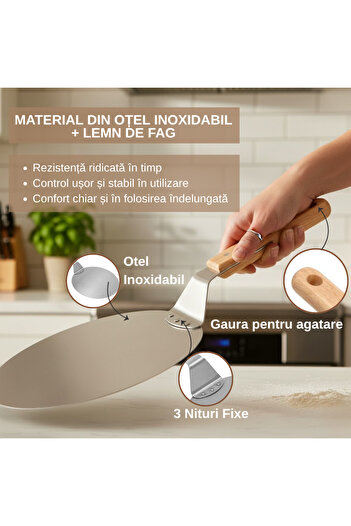 Köken Pizza shovel, 30.5 cm round stainless steel tray, Wooden Handle, Spatula 49 cm