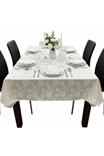 Köken Waterproof rectangular tablecloth 180x140cm and 6 napkins 40x40cm, 100% Cotton, No fading, White