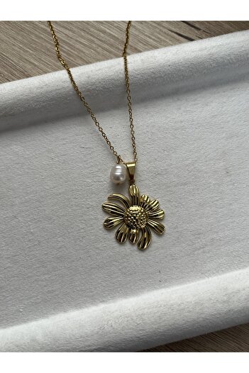 Pel Design Real Pearl Daisy Detailed 316L Steel Necklace /Handmade/ Stainless