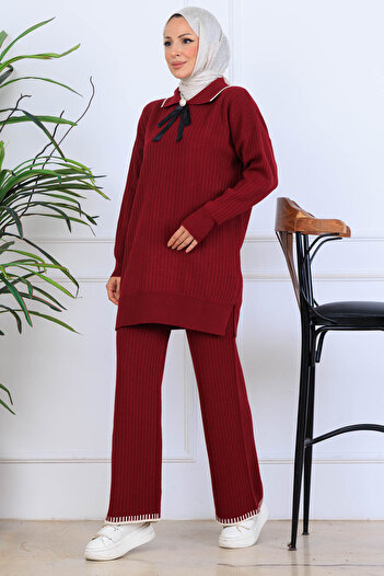 benguen Ribbed Collar Detail Knitwear Set S1064 Burgundy