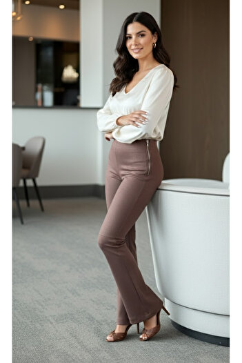 My Blog Brown Suede Side Zipper Trousers - 40578