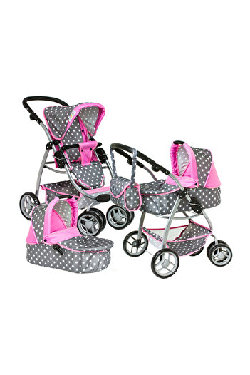 Doris 2in1 doll stroller with carrycot and bag Pink/Grey white polka dots