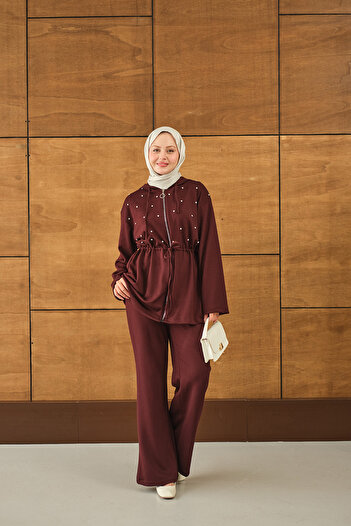 LOCCO Women's Stone Detail Hooded Suit Burgundy