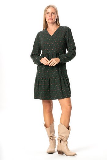 Eliş Şile Bezi Long Sleeve Alara Floral Pattern V-Neck Flannel Short Winter Dress Green Ysl