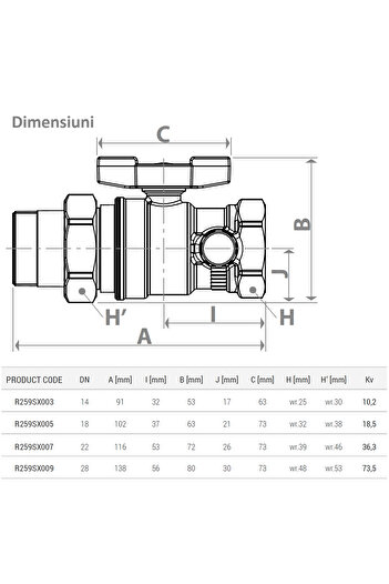 GIACOMINI R259SX003 ball valve with union and drain valve, 1/2” internal thread x 1/2” external