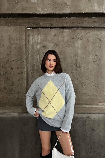 Stil Sepeti Women's Gray Crew Neck Diamond Pattern Knit Sweater Tl-10002484