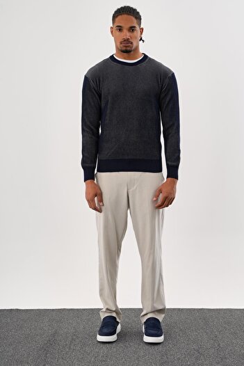 odelon Men's Regular Fit Vanize Knitted Cotton Crew Neck Navy Blue Knitwear Sweater