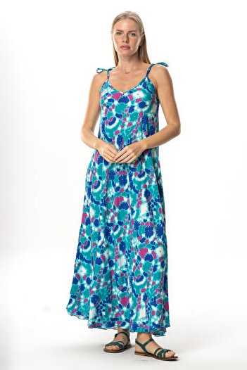Eliş Şile Bezi Strappy Viscose Suzan Long Summer Dress Abstract Nile Green Syt Nlysl
