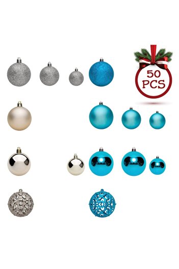 OEM Christmas Bauble Set Value Pack, 50 pcs, Beige & Turquoise, 3-4-6 cm, Plastic