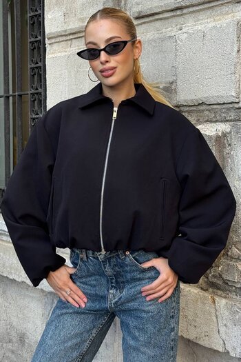 VAGGON Bomber Jacket with Shirt Collar, Elastic Waist and Sleeves