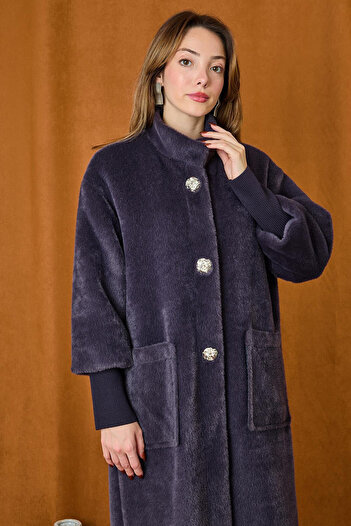 Lale Butik Brooch Detailed Angora Coat 15231 Anthracite