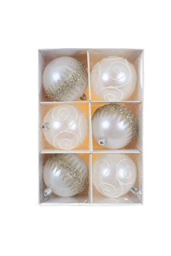 ANTBRO set of 6 white Christmas baubles with silver & gold pattern, rhinestones, plastic, 8 cm