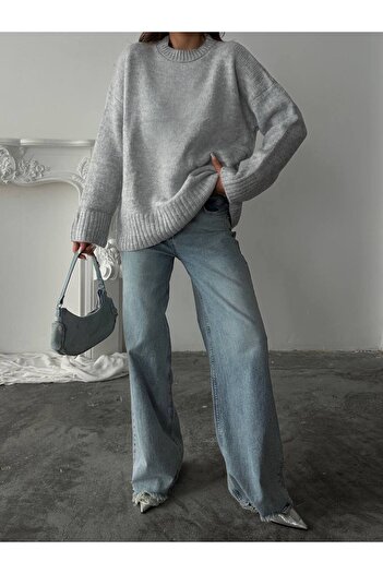 Stil Sepeti Women's Gray Premium Crew Neck Oversize Sweater Tl-10002217