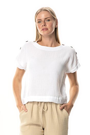 Eliş Şile Bezi Short Sleeve Serap Crew Neck Muslin Summer Blouse White Byz