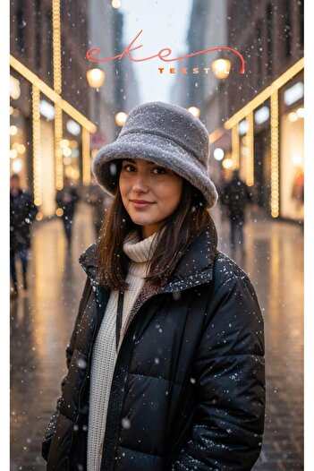 Eke Tekstil Women's Plush Bucket Light Gray Color Hat