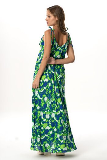 Eliş Şile Bezi Strappy Viscose Suzan Long Summer Dress Abstract Grass Green