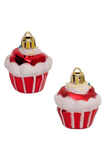 Christmas Set of 4 tree ornaments, cupcake design, red/white, 5.5 cm