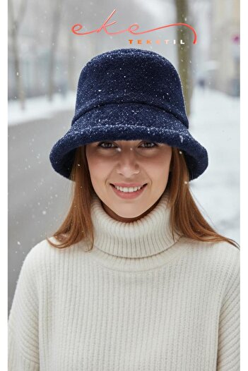 Eke Tekstil Women's Plush Bucket Dark Blue Color Hat