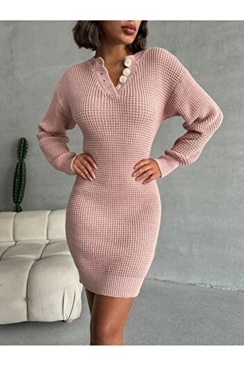 AQE FASHION Women's Knitwear Dress Powder Button Detail Round Neck Mini Long Sleeve Soft Textured Without Belt