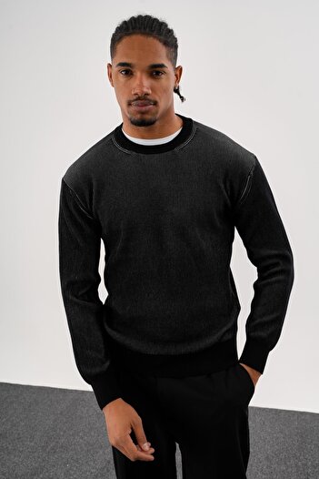 odelon Men's Regular Fit Vanize Knitted Cotton Crew Neck Black Knitwear Sweater