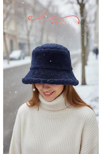 Eke Tekstil Women's Plush Bucket Dark Blue Color Hat