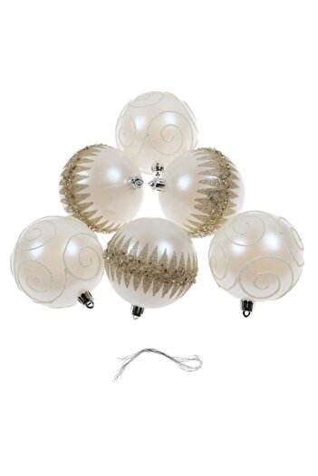 ANTBRO set of 6 white Christmas baubles with silver & gold pattern, rhinestones, plastic, 8 cm