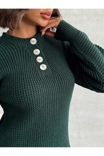 AQE FASHION Women's Knitwear Dress Dark Green Button Detail Round Neck Mini Long Sleeve Soft Textured Without Belt