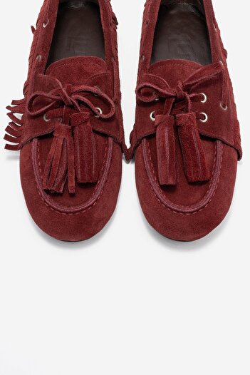 LuviShoes FENORA Бургунди суед естествена кожа с ресни и пискюли дамски мокасини