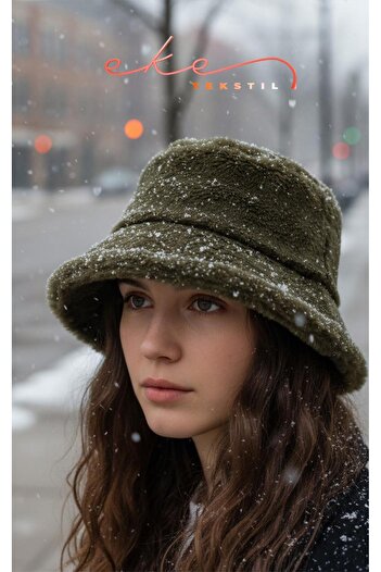 Eke Tekstil Women's Plush Bucket Hat in Khaki Color