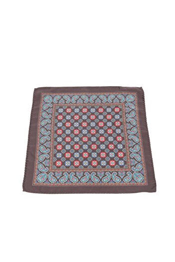 6AM Ceremony Brown pocket square with floral print and turquoise paisley border