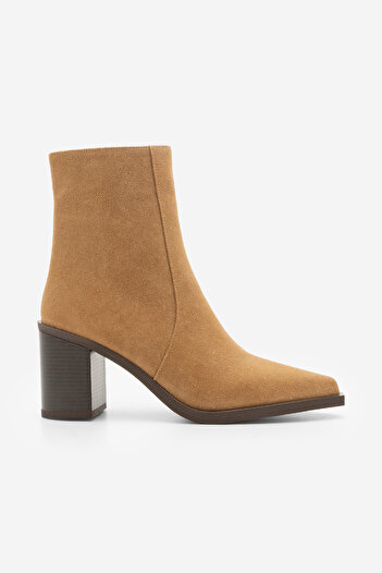 Marjin Women's Pointed Toe Zippered Thick Heel Boots Ranka Tan Suede