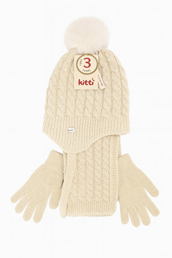 Uğur bebe Ki̇tti̇ 4-8 Years Old 3-Piece Ecru Girl's Fleece Hat Soft Scarf Gloves Set Ready for Winter
