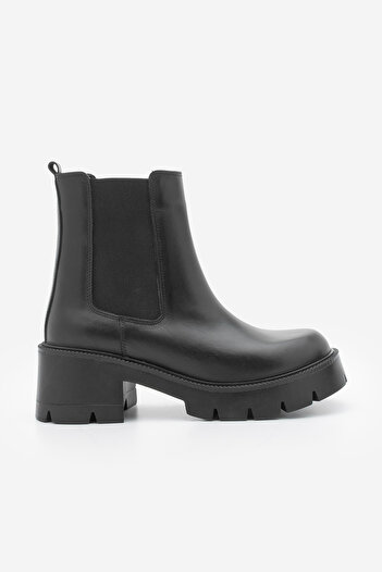Marjin Women's Genuine Leather Double Elastic Thick Heeled Casual Boots Viper Black