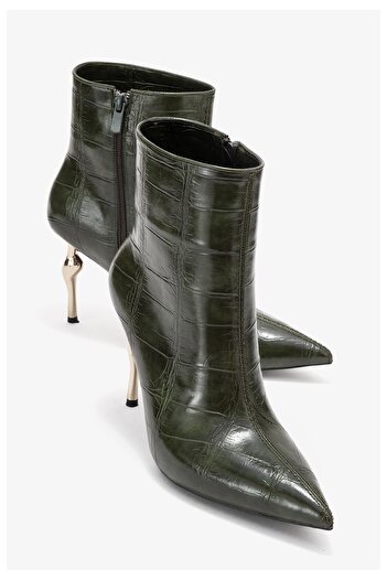 LuviShoes Γυναικείες μπότες με τακούνι CRISTA Green Print με μυτερή μύτη