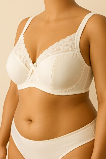 enmodaiçgiyim Ecru Plus Size C Cup Underwire Lace Gathering Bra – Full Cup, High Support, Wide Strap