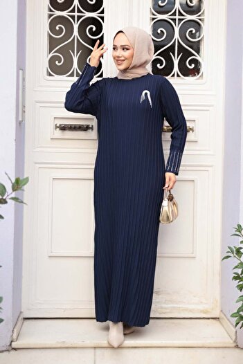 N.S NEVA STYLE Navy Blue Mercerized Knitwear Hijab Dress 25631L