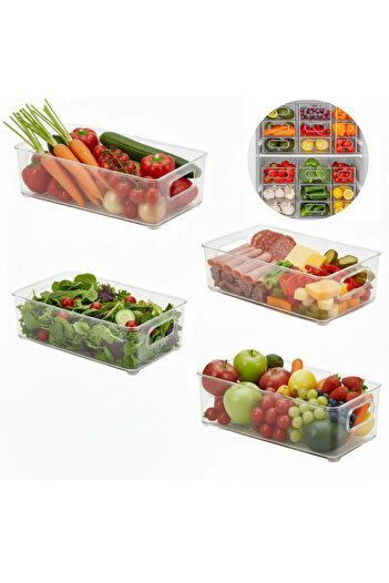 Köken Set of 4 refrigerator and kitchen shelf container, 25.5x10x7 cm, BPA-free transparent plastic
