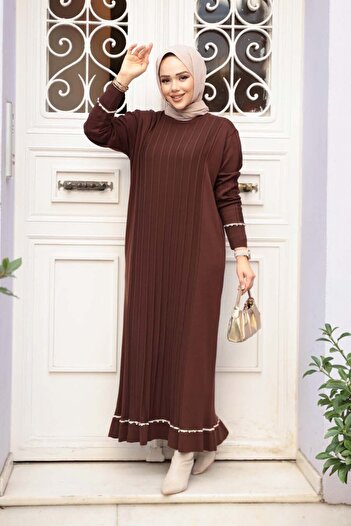N.S NEVA STYLE Brown Mercerized Knitwear Hijab Dress 6745Kh