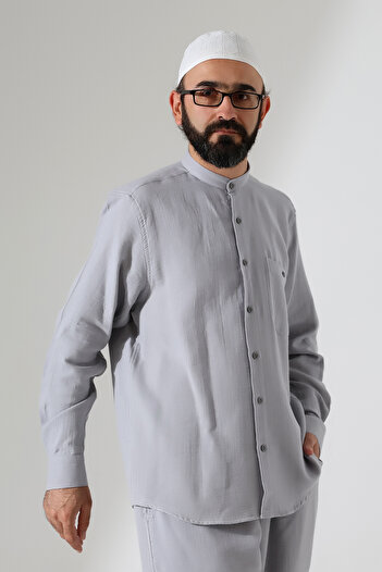 ihvan online Men's Muslin Hakim Collar Long Sleeve Button up Shirt, Hajj Umrah Clothing - Gray (Ans)