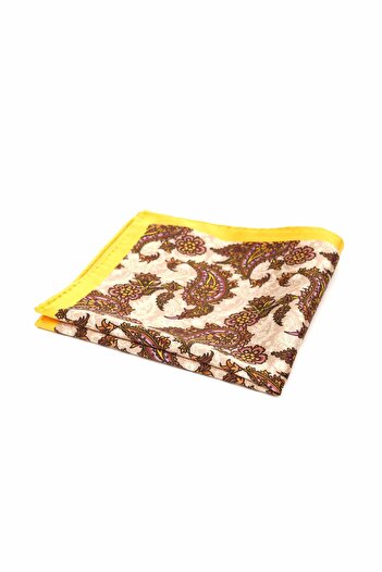 6AM Ceremony Cream pocket square with brown-purple paisley print and yellow border