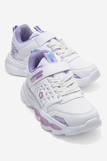 CCWAY AYAKKABI Lace-Up Velcro Children's Sports Shoes; White Lila